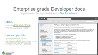 docs.alfresco.com/5.0/concepts/dev-­‐extensions-­‐share-­‐extension-­‐points-­‐introduc>on.html	
  
Live on Alfresco Docs
...