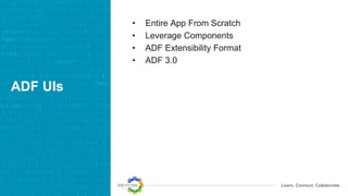 Learn. Connect. Collaborate.
ADF UIs
• Entire App From Scratch
• Leverage Components
• ADF Extensibility Format
• ADF 3.0
 