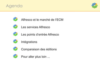Agenda


     Alfresco et le marché de l’ECM

     Les services Alfresco

     Les points d’entrée Alfresco

     Intégrations

     Comparaison des éditions

     Pour aller plus loin ...
 