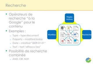 Recherche

•   Opérateurs de
    recherche “à la
                                                 Règles
                                                 Actions
    Google” pour le
    contenu
•   Exemples :
    o   Type – type:document          Workflow             Recherche

    o   Property – modified:today
    o   Date – created:“2009-01-01”
    o   Text – text:“alfresco faq”
•   Possibilité de recherche
    combinée
    o   AND, OR, NOT
 