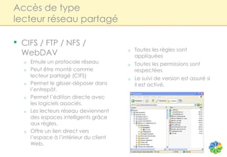 Accès de type
lecteur réseau partagé

•   CIFS / FTP / NFS /
                                               Toutes les règles sont
    WebDAV                                 o
                                               appliquées
    o   Emule un protocole réseau          o   Toutes les permissions sont
    o   Peut être monté comme                  respectées
        lecteur partagé (CIFS)
                                           o   Le suivi de version est assuré si
    o   Permet le glisser-déposer dans         il est activé.
        l’entrepôt.
    o   Permet l’édition directe avec
        les logiciels associés.
    o   Les lecteurs réseau deviennent
        des espaces intelligents grâce
        aux règles.
    o   Offre un lien direct vers
        l’espace à l’intérieur du client
        Web.
 