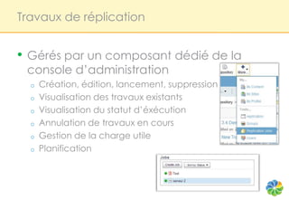 Travaux de réplication


• Gérés par un composant dédié de la
 console d’administration
  o   Création, édition, lancement, suppression
  o   Visualisation des travaux existants
  o   Visualisation du statut d’éxécution
  o   Annulation de travaux en cours
  o   Gestion de la charge utile
  o   Planification
 