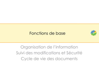Fonctions de base


  Organisation de l’information
Suivi des modifications et Sécurité
  Cycle de vie des documents
 