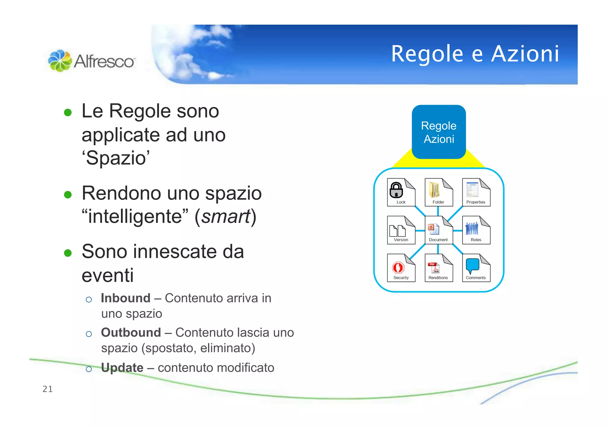 Regole e Azioni

      ●  Le Regole sono
                                               Regole
        applicate ad uno                       Azioni
        ‘Spazio’
      ●  Rendono uno spazio
        “intelligente” (smart)
      ●  Sono innescate da
        eventi
        o  Inbound – Contenuto arriva in
           uno spazio
        o  Outbound – Contenuto lascia uno
           spazio (spostato, eliminato)
        o  Update – contenuto modificato
21
 