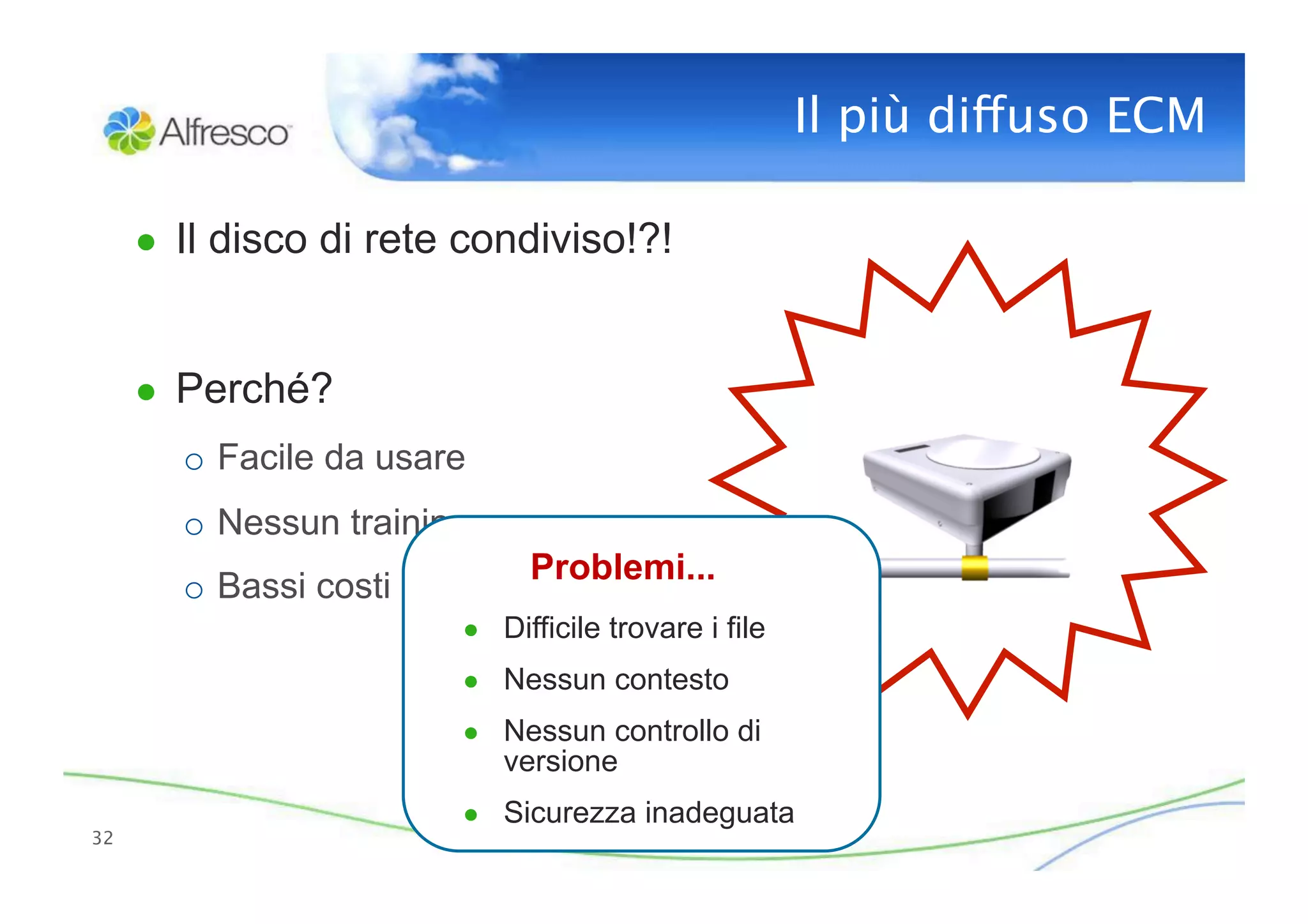 Il più diffuso ECM

      ●  Il disco di rete condiviso!?!


      ●  Perché?
        o  Facile da usare
        o  Nessun training
                               Problemi...
        o  Bassi costi
                         ●  Difficile trovare i file
                         ●  Nessun contesto
                         ●  Nessun controllo di
                             versione
                         ●  Sicurezza inadeguata
32
 