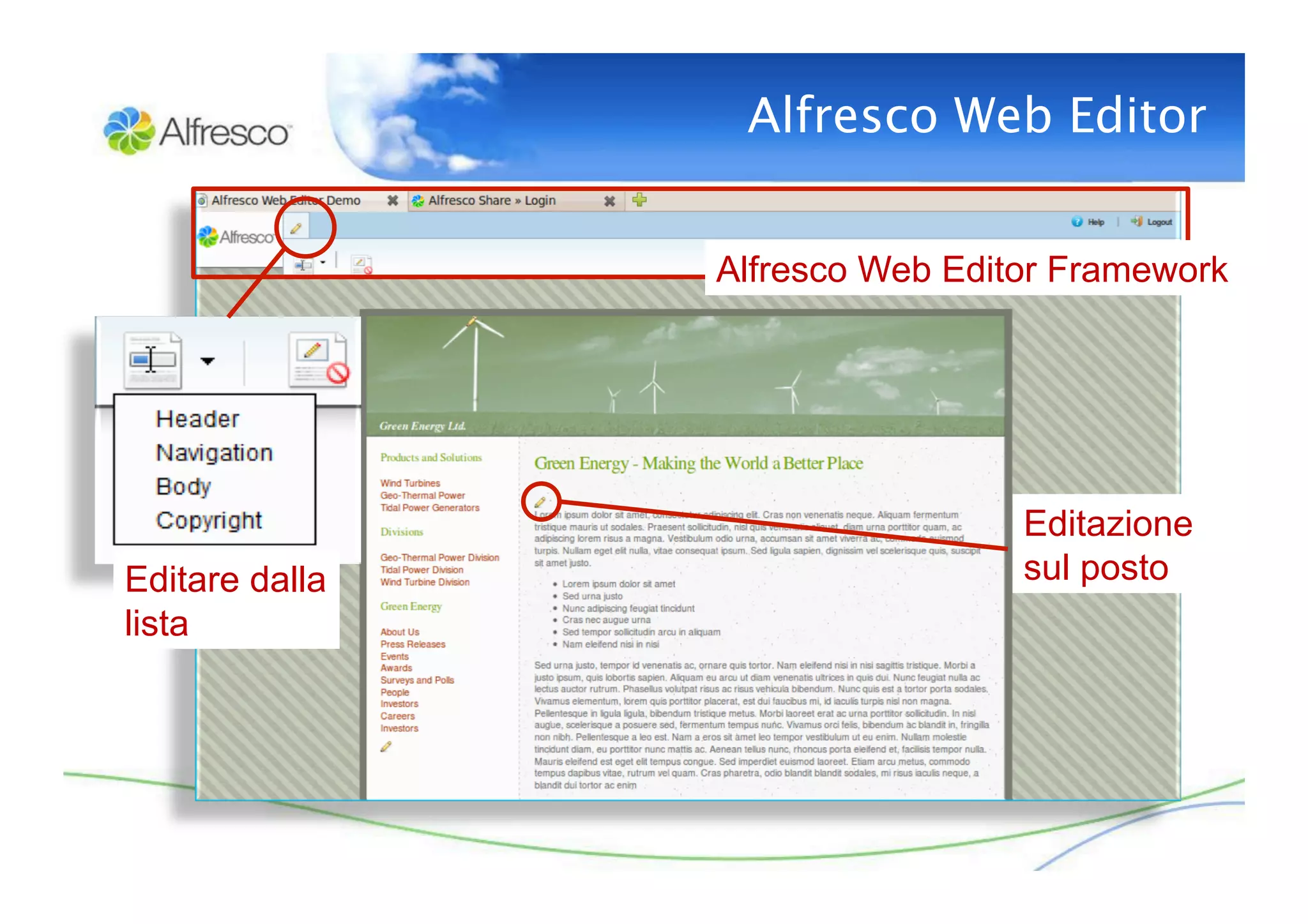 Alfresco Web Editor


                Alfresco Web Editor Framework




                                 Editazione
Editare dalla                    sul posto
lista
 