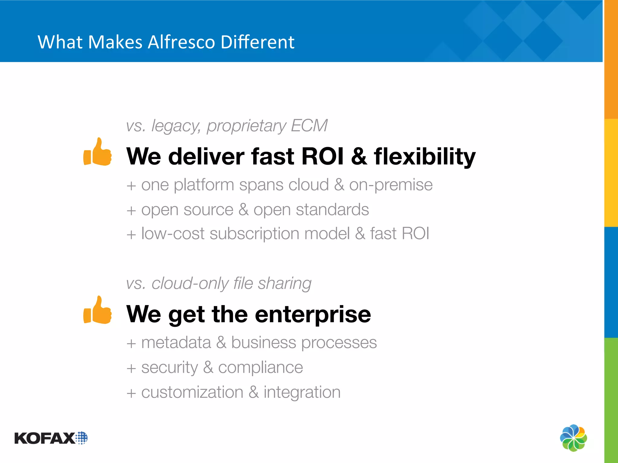 What	
  Makes	
  Alfresco	
  Diﬀerent	
  



             vs. legacy, proprietary ECM
             We deliver fast ROI & ﬂexibility
             + one platform spans cloud & on-premise
             + open source & open standards
             + low-cost subscription model & fast ROI
             
             vs. cloud-only ﬁle sharing
             We get the enterprise
             + metadata & business processes
             + security & compliance
             + customization & integration
             
 