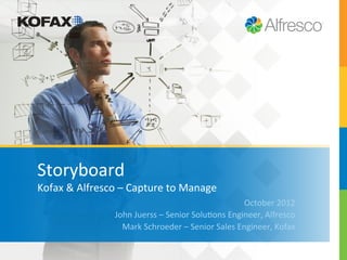 Storyboard	
  
Kofax	
  &	
  Alfresco	
  –	
  Capture	
  to	
  Manage	
  
                                                                         October	
  2012	
  
                        John	
  Juerss	
  –	
  Senior	
  Solu5ons	
  Engineer,	
  Alfresco	
  
                          Mark	
  Schroeder	
  –	
  Senior	
  Sales	
  Engineer,	
  Kofax	
  
 