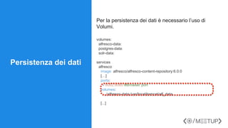 Persistenza dei dati
Per la persistenza dei dati è necessario l’uso di
Volumi.
volumes:
alfresco-data:
postgres-data:
solr-data:
services:
alfresco:
image: alfresco/alfresco-content-repository:6.0.0
[…]
ports:
- 8082:8080 #Browser port
volumes:
- ./alfresco-data:/usr/local/tomcat/alf_data
[...]
 