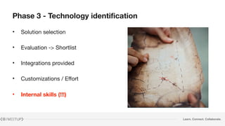 Learn. Connect. Collaborate.
Phase 3 - Technology identification
• Solution selection

• Evaluation -> Shortlist

• Integrations provided

• Customizations / Effort

• Internal skills (!!!)
 