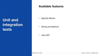 Learn. Connect. Collaborate.
Unit and
integration
tests
Available features
• Apache Maven

• Spring annotations

• Java API
 