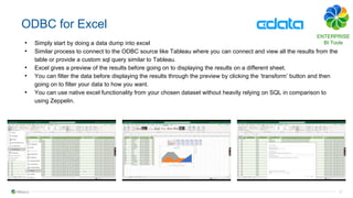 37
ODBC for Excel
• Simply start by doing a data dump into excel
• Similar process to connect to the ODBC source like Tabl...