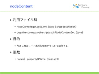 nodeContent


‣ 利用ファイル群
 → nodeContent.get.desc.xml（Web Script description）

 → org.alfresco.repo.web.scripts.solr.NodeContentGet（Java）

‣ 目的
 → 与えられたノード属性の値をテキストで取得する

‣ 引数
 → nodeId，propertyQName（desc.xml）
 