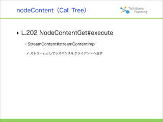 nodeContent（Call Tree）


‣ L.202 NodeContentGet#execute
 → StreamContent#streamContentImpl

    ストリームとしてレスポンスをクライアントへ返す
 