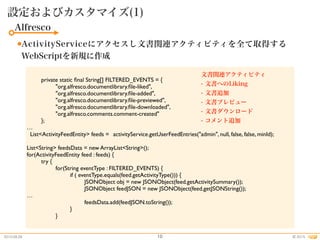 2015.08.26 2015©
設定およびカスタマイズ(1)
10
Alfresco
●ActivityServiceにアクセスし文書関連アクティビティを全て取得する
WebScriptを新規に作成
private static ﬁnal String[] FILTERED_EVENTS = {
"org.alfresco.documentlibrary.ﬁle-liked",
"org.alfresco.documentlibrary.ﬁle-added",
"org.alfresco.documentlibrary.ﬁle-previewed",
"org.alfresco.documentlibrary.ﬁle-downloaded",
"org.alfresco.comments.comment-created"
};
…
List<ActivityFeedEntity> feeds = activityService.getUserFeedEntries("admin", null, false, false, minId);
List<String> feedsData = new ArrayList<String>();
for(ActivityFeedEntity feed : feeds) {
try {
for(String eventType : FILTERED_EVENTS) {
if ( eventType.equals(feed.getActivityType())) {
JSONObject obj = new JSONObject(feed.getActivitySummary());
JSONObject feedJSON = new JSONObject(feed.getJSONString());
…
feedsData.add(feedJSON.toString());
}
}
文書関連アクティビティ
- 文書へのLiking
- 文書追加
- 文書プレビュー
- 文書ダウンロード
- コメント追加
 