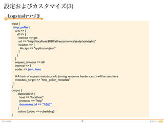 2015.08.26 2015©
設定およびカスタマイズ(3)
12
Logstashつづき
input {
http_poller {
urls => {
alf => {
method => get
url => "http://localhost:8080/alfresco/service/study/activitylist"
headers => {
Accept => "application/json"
}
}
}
request_timeout => 60
interval => 5
codec => json_lines
# A hash of request metadata info (timing, response headers, etc.) will be sent here
metadata_target => "http_poller_metadata"
}
}
output {
elasticsearch {
host => "localhost"
protocol => "http"
document_id => "%{id}"
}
stdout {codec => rubydebug}
}
 