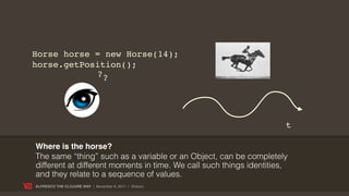 Horse horse = new Horse(14);
horse.getPosition();
            ??




                                                                      t

Where is the horse?
The same “thing” such as a variable or an Object, can be completely
different at different moments in time. We call such things identities,
and they relate to a sequence of values.
ALFRESCO THE CLOJURE WAY | November 8, 2011 | @skuro
 