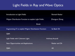 Light Fields in Ray and Wave Optics

Introduction to Light Fields: 
    
      
           
   
     Ramesh Raskar

Wigner Distribution Function to explain Light Fields: 
         Zhengyun Zhang

                                              Break

Augmenting LF to explain Wigner Distribution Function: 
        Se Baek Oh

Q&A

Light Fields with Coherent Light: 

      
           
   Anthony Accardi

New Opportunities and Applications: 
     
           
   
     Raskar and Oh

Q&A: 
      
       
       
      
      
           
   
     All
 