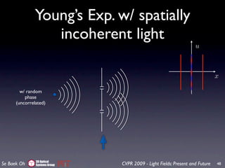 Young’s Exp. w/ spatially
                 incoherent light
                                                                   u



                                                                              x

        w/ random
          phase
      (uncorrelated)




               3D Optical
Se Baek Oh     Systems Group   CVPR 2009 - Light Fields: Present and Future   48
 