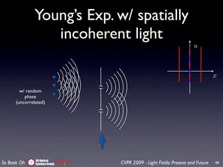 Young’s Exp. w/ spatially
                 incoherent light
                                                                   u



                                                                              x

        w/ random
          phase
      (uncorrelated)




               3D Optical
Se Baek Oh     Systems Group   CVPR 2009 - Light Fields: Present and Future   48
 