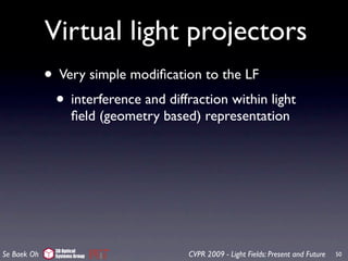 Virtual light projectors
             • Very simple modiﬁcation to the LF
              • interference and diffraction within light
                     ﬁeld (geometry based) representation




               3D Optical
Se Baek Oh     Systems Group            CVPR 2009 - Light Fields: Present and Future   50
 