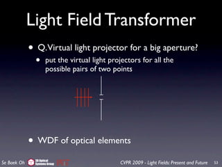 Light Field Transformer
             • Q.Virtual light projector for a big aperture?
               •     put the virtual light projectors for all the
                     possible pairs of two points




             • WDF of optical elements
               3D Optical
Se Baek Oh     Systems Group                  CVPR 2009 - Light Fields: Present and Future   53
 