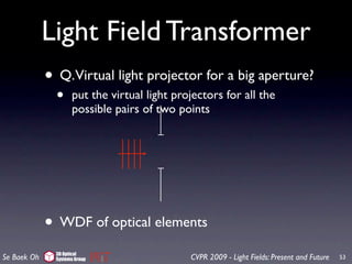 Light Field Transformer
             • Q.Virtual light projector for a big aperture?
               •     put the virtual light projectors for all the
                     possible pairs of two points




             • WDF of optical elements
               3D Optical
Se Baek Oh     Systems Group                  CVPR 2009 - Light Fields: Present and Future   53
 