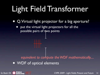 Light Field Transformer
             • Q.Virtual light projector for a big aperture?
                 •     put the virtual light projectors for all the
                       possible pairs of two points




                   equivalent to compute the WDF mathematically....
             •    WDF of optical elements

                 3D Optical
Se Baek Oh       Systems Group                  CVPR 2009 - Light Fields: Present and Future   53
 