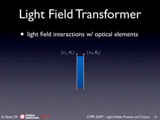 Light Field Transformer
             • light ﬁeld interactions w/ optical elements
                               (x1 , θ1 )   (x2 , θ2 )




               3D Optical
Se Baek Oh     Systems Group                CVPR 2009 - Light Fields: Present and Future   55
 