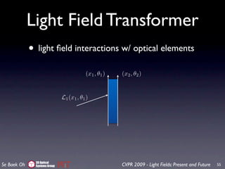 Light Field Transformer
             • light ﬁeld interactions w/ optical elements
                                          (x1 , θ1 )   (x2 , θ2 )


                               L1 (x1 , θ1 )




               3D Optical
Se Baek Oh     Systems Group                           CVPR 2009 - Light Fields: Present and Future   55
 