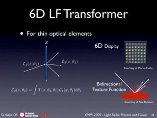6D LF Transformer
             • For thin optical elements
                                   x
                                                                     6D Display

                                              L2 (x, θ2 )
              L1 (x, θ1 )
                                                                                          Courtesy of Martin Fuchs




                                                                      Bidirectional
      L2 (x, θ2 ) =            T (x, θ2 , θ1 )L1 (x, θ1 )dθ1        Texture Function

                                                                                           Courtesy of Paul Debevec



               3D Optical
Se Baek Oh     Systems Group                                   CVPR 2009 - Light Fields: Present and Future      58
 