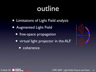 outline
             • Limitations of Light Field analysis
             • Augmented Light Field
              • free-space propagation
              • virtual light projector in the ALF
                • coherence

               3D Optical
Se Baek Oh     Systems Group          CVPR 2009 - Light Fields: Present and Future   10
 