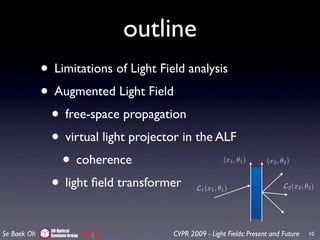 outline
             • Limitations of Light Field analysis
             • Augmented Light Field
              • free-space propagation
              • virtual light projector in the ALF
                • coherence                             (x1 , θ1 )    (x2 , θ2 )


              • light ﬁeld transformer       L1 (x1 , θ1 )                   L2 (x2 , θ2 )




               3D Optical
Se Baek Oh     Systems Group          CVPR 2009 - Light Fields: Present and Future     10
 