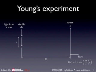 Young’s experiment
                                                     screen
   light from       double
      a laser         slit                              x




                d




                                                                 I(x)
                                z                                        2π d
                                                      I(x) = 1 + cos          x
                                                                          λ z

                3D Optical
Se Baek Oh      Systems Group       CVPR 2009 - Light Fields: Present and Future   12
 