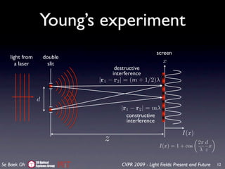 Young’s experiment
                                                          screen
   light from       double
      a laser         slit                                   x
                                       destructive
                                      interference
                                |r1 − r2 | = (m + 1/2)λ


                d
                                         |r1 − r2 | = mλ
                                           constructive
                                           interference

                                                                      I(x)
                                  z                                           2π d
                                                           I(x) = 1 + cos          x
                                                                               λ z

                3D Optical
Se Baek Oh      Systems Group            CVPR 2009 - Light Fields: Present and Future   12
 
