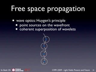 Free space propagation
             • wave optics: Huygen’s principle
              • point sources on the wavefront
              • coherent superposition of wavelets




              3D Optical
Se Baek Oh    Systems Group         CVPR 2009 - Light Fields: Present and Future   22
 