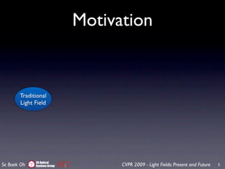 Motivation


       Traditional
       Light Field




             3D Optical
Se Baek Oh   Systems Group         CVPR 2009 - Light Fields: Present and Future   5
 