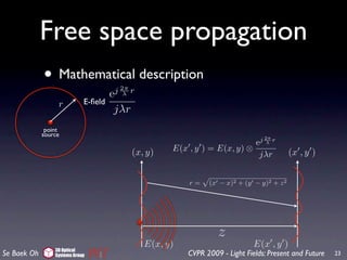 Free space propagation
             • Mathematical description
                                      j 2π r
                                      e  λ
                  r          E-ﬁeld
                                       jλr
              point
             source
                                                                                 j 2π r
                                                                            e       λ

                                             (x, y)   E(x , y ) = E(x, y) ⊗                 (x , y )
                                                                             jλr


                                                          r=    (x − x)2 + (y − y)2 + z 2




                                                                   z
                                                E(x, y)                        E(x , y )
                 3D Optical
Se Baek Oh       Systems Group                            CVPR 2009 - Light Fields: Present and Future   23
 