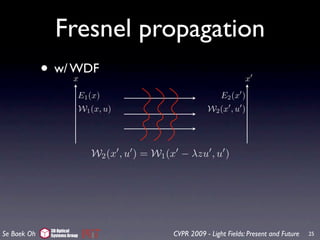 Fresnel propagation
             • w/ WDF   x                                                   x
                              E1 (x)                               E2 (x )
                              W1 (x, u)                       W2 (x , u )




                                 W2 (x , u ) = W1 (x − λzu , u )




              3D Optical
Se Baek Oh    Systems Group                        CVPR 2009 - Light Fields: Present and Future   25
 
