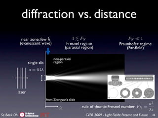 diffraction vs. distance
              Position and Direction
                   in Wave Optics
              near zone: few λ
             (evanescent wave)
                                                1 FN
                                             Fresnel regime
                                                                                     FN     1
                                                                                Fraunhofer regime
                                            (paraxial region)                       (Far-ﬁeld)

                                    non-paraxial
                 single slit        region

                  a = 64λ




         laser
                               from Zhengyun’s slide
                                                                                                    a2
                                        z              rule of thumb: Fresnel number FN           =
                                                                                                    λz
               3D Optical
Se Baek Oh     Systems Group                             CVPR 2009 - Light Fields: Present and Future   26
 
