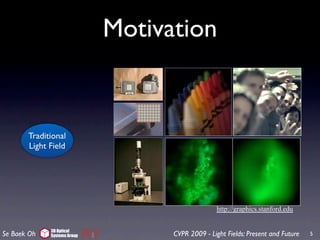 Motivation


       Traditional
       Light Field




                                                  http://graphics.stanford.edu


             3D Optical
Se Baek Oh   Systems Group         CVPR 2009 - Light Fields: Present and Future   5
 