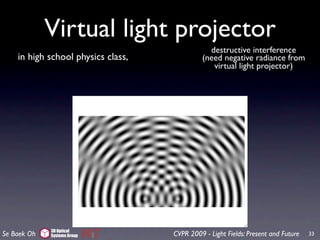 Virtual light projector
                                                destructive interference
    in high school physics class,             (need negative radiance from
                                                 virtual light projector)




             3D Optical
Se Baek Oh   Systems Group          CVPR 2009 - Light Fields: Present and Future   33
 