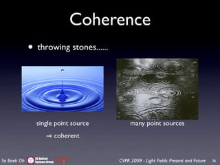 Coherence
             • throwing stones......



                single point source            many point sources
                               coherent


               3D Optical
Se Baek Oh     Systems Group              CVPR 2009 - Light Fields: Present and Future   36
 