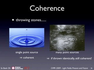 Coherence
             • throwing stones......



                single point source            many point sources
                               coherent   if thrown identically, still coherent!

               3D Optical
Se Baek Oh     Systems Group              CVPR 2009 - Light Fields: Present and Future   36
 