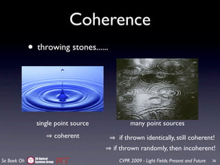Coherence
             • throwing stones......



                single point source              many point sources
                               coherent     if thrown identically, still coherent!
                                          if thrown randomly, then incoherent!
               3D Optical
Se Baek Oh     Systems Group                CVPR 2009 - Light Fields: Present and Future   36
 