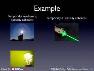 Example
       Temporally incoherent;
                                Temporally & spatially coherent
         spatially coherent




             3D Optical
Se Baek Oh   Systems Group         CVPR 2009 - Light Fields: Present and Future   38
 