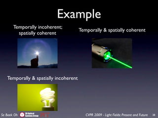 Example
       Temporally incoherent;
                                       Temporally & spatially coherent
         spatially coherent




   Temporally & spatially incoherent




             3D Optical
Se Baek Oh   Systems Group                CVPR 2009 - Light Fields: Present and Future   38
 