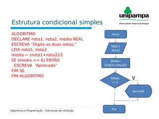 Estrutura condicional simples
ALGORITMO
DECLARE nota1, nota2, media REAL
ESCREVA “Digite as duas notas:”
LEIA nota1, nota2
media ← (nota1+nota2)/2
SE (media >= 6) ENTÃO
ESCREVA “Aprovado”
FIM SE
FIM ALGORITMO
Algoritmos e Programação – Estruturas de condição
 