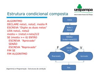Estrutura condicional composta
ALGORITMO
DECLARE nota1, nota2, media REAL
ESCREVA “Digite as duas notas”
LEIA nota1, nota2
media ← (nota1+nota2)/2
SE (media >= 6) ENTÃO
ESCREVA “Aprovado”
SENÃO
ESCREVA “Reprovado”
FIM SE
FIM ALGORITMO
Algoritmos e Programação – Estruturas de condição
 