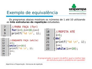 Exemplo de equivalência
Os programas abaixo mostram os números de 1 até 10 utilizando
as três estruturas de repetição estudadas.
O programador é quem irá definir qual a melhor tipo
de estrutura para o problema em questão!
Algoritmos e Programação - Estruturas de repetição
 